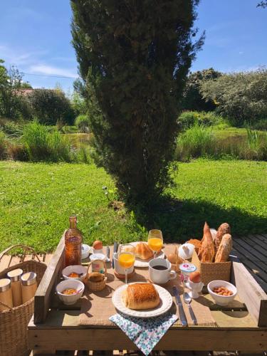 une table de pique-nique avec du pain, des oranges et des verres de jus d'orange dans l'établissement AU DOMAINE DES OISEAUX ses chambres sa gloriette insolite face à l'étang bucolique, à Vandré