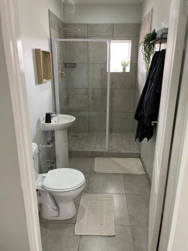 a bathroom with a shower and a toilet and a sink at 10 Paul Roos in Kimberley