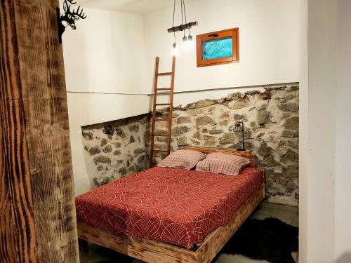 a bedroom with a bed with a ladder on the wall at Cabane des pachous in Tourves