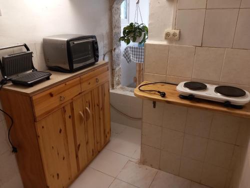 a bathroom with a television and a microwave on a counter at גינה ירושלמית in Jerusalem