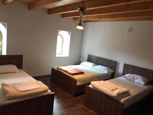 a room with two beds and two windows at Bujtina Gjana in Kukës