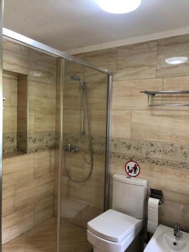 a bathroom with a shower and a toilet and a sink at Bujtina Gjana in Kukës