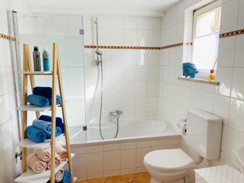 a bathroom with a toilet and a bath tub at Historisches Fachwerkhaus in Königsberg in Bayern