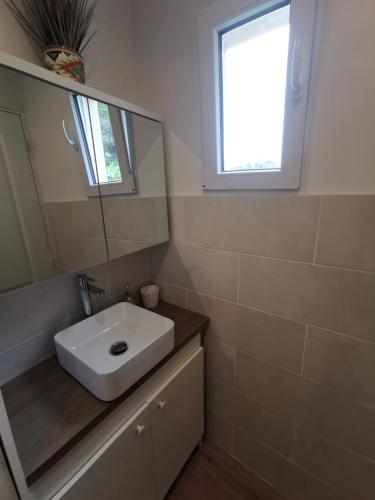 a bathroom with a white sink and a mirror at Villa Soleil Levant in Nice