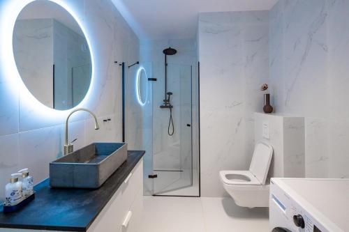 ein Badezimmer mit Waschbecken, Toilette und Spiegel in der Unterkunft Apartament Zakatek z ogrodkiem i miejscem w garazu podziemnym in Bielsko-Biała