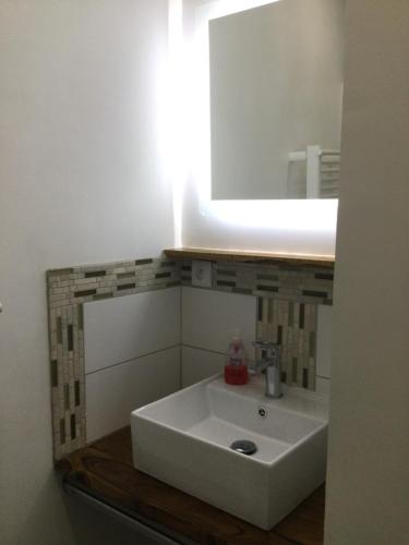 a bathroom with a white sink and a mirror at Escapade Vallée du Doux in Tournon-sur-Rhône