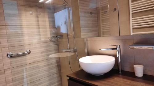une salle de bain avec un lavabo et une douche dans l'établissement Zonnig en gezellig appartement met zijdelings zeezicht en zwembad in Koksijde, à Coxyde