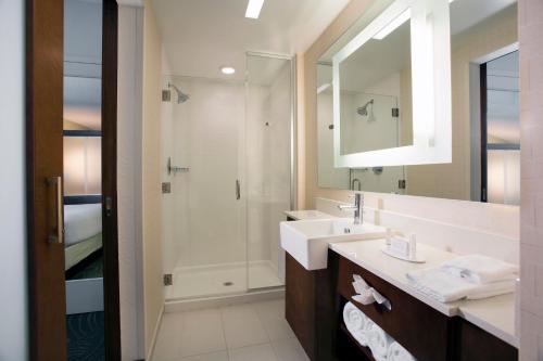 W łazience znajduje się umywalka, prysznic i lustro. w obiekcie SpringHill Suites by Marriott Orlando at FLAMINGO CROSSINGS Town Center-Western Entrance w Orlando