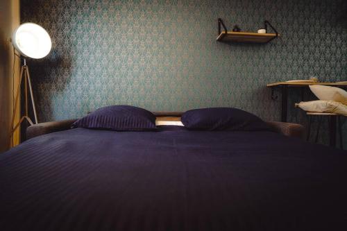 - une chambre avec un lit doté de draps violets et d'une lampe dans l'établissement Le Studio des Halles • Hypercentre • Netflix, à Châteauroux