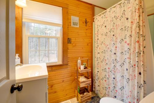 ein Bad mit einem Duschvorhang und einem Waschbecken in der Unterkunft Family-Friendly Center Ossipee Cabin with Fire Pit! in Center Ossipee
