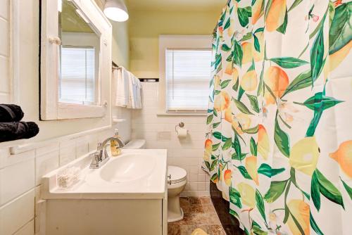 a bathroom with a sink and a toilet and a shower curtain at Lemonade Lodge in Oklahoma City