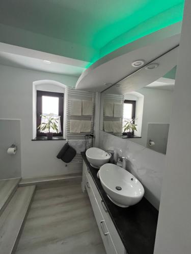 łazienka z umywalką, toaletą i 2 lustrami w obiekcie Ferien- und Businesswohnung Relax im ersten Stock w mieście Sonnen