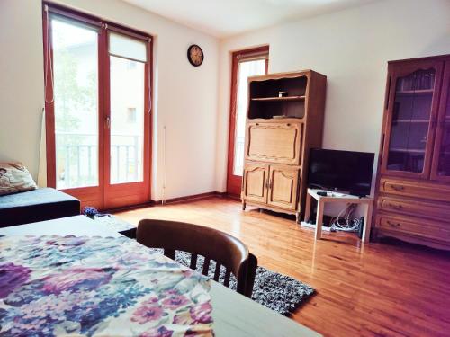 a room with a bed and a tv and a table at Apartman 5ra in Vrnjačka Banja