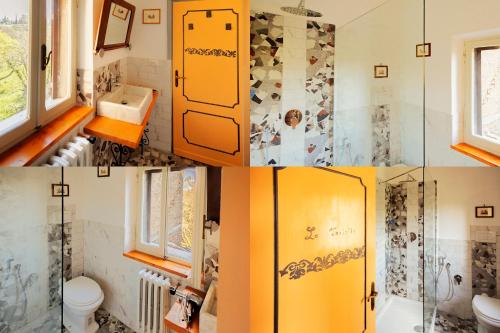un collage de fotos de un baño con nevera en La Casa di Augusto, en Bomarzo