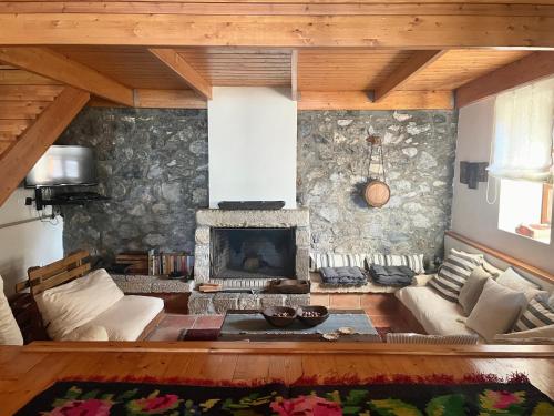 a living room with a stone wall with a fireplace at Terra Petra Villa at Psari Trikolonon Gortynia in Psárion