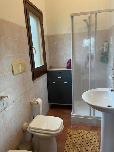La salle de bains est pourvue d'une douche, de toilettes et d'un lavabo. dans l'établissement la villetta del sole, à Ovile la Marinella