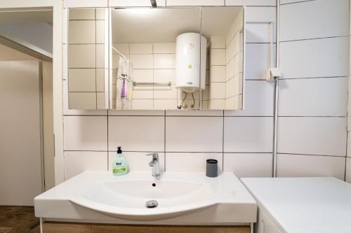 Baño blanco con lavabo y espejo en Istrian APP House MARGARITA en Vilanija
