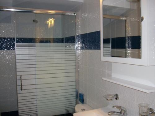 a bathroom with a shower and a sink and a mirror at Rudi Studios in Sarti