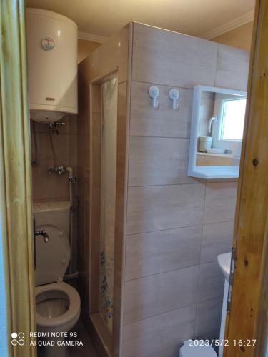 a small bathroom with a toilet and a mirror at Apartments Snowflake in Žabljak