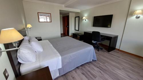 um quarto de hotel com uma cama, uma secretária e uma televisão em Hotel Diego de Almagro Copiapo em Copiapó