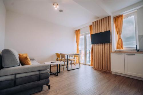 a living room with a couch and a table at Darki Comfort Apartments - Stylish and Comfortable Apartments with Free Parking in Ohrid