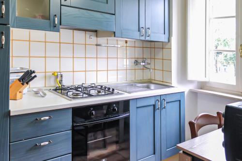 a blue kitchen with a stove and a sink at Appartamento Santa Chiara - Affitti Brevi Italia in Lucca