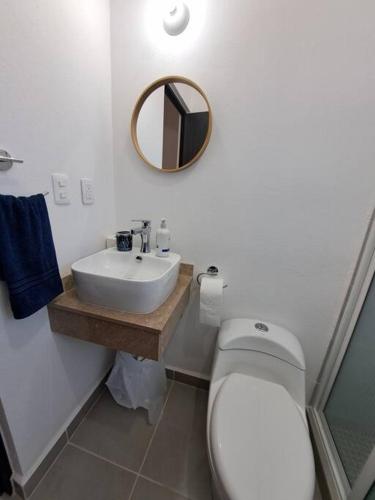a bathroom with a toilet and a sink and a mirror at Casa, alberca, club de playa WI-FI en Acapulco in Barra Vieja