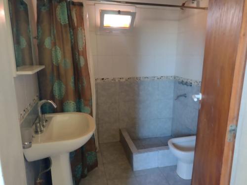 La salle de bains est pourvue d'un lavabo, de toilettes et d'une douche. dans l'établissement OASIS PA CLAU, à Las Grutas