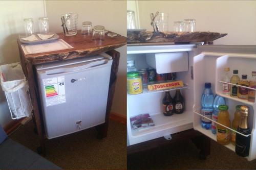 two pictures of an open refrigerator with its door open at Eco Hotel Antuco in Antuco