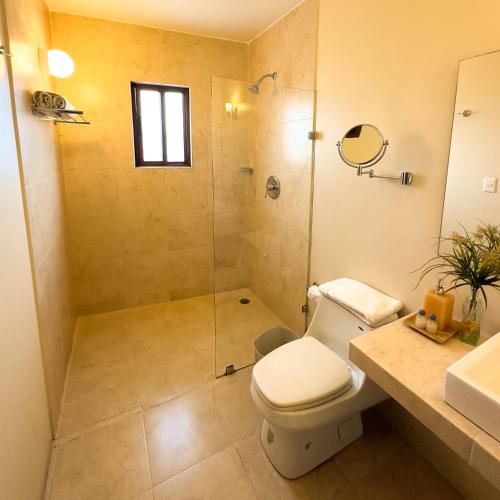 a bathroom with a shower and a toilet and a sink at Hotel Quinta Roca in Oaxaca City