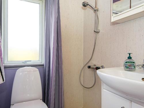 a bathroom with a shower and a toilet and a sink at Holiday home Aabenraa LXX in Aabenraa