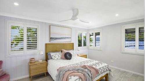 a bedroom with a bed with white walls and windows at Sam's Shack Waterfront Woy Woy Bay in Woy Woy