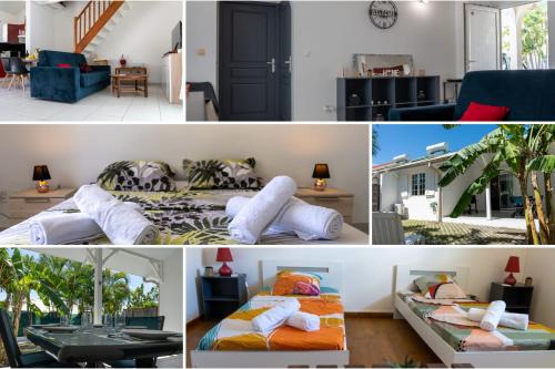 eine Collage mit Bildern eines Zimmers mit 2 Betten in der Unterkunft La Villa Noémie - Parking - Proche des Plages in Sainte-Anne