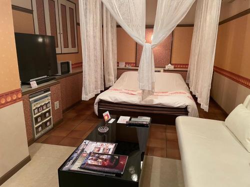 a small room with a bed and a tv at HOTEL　LISBON in Maibara