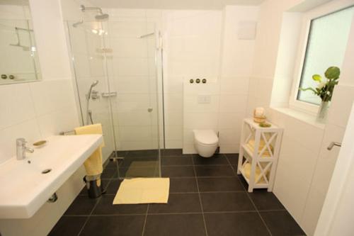 y baño con lavabo, ducha y aseo. en Aquamarin Ostseetraumsuite 01, en Neuhaus