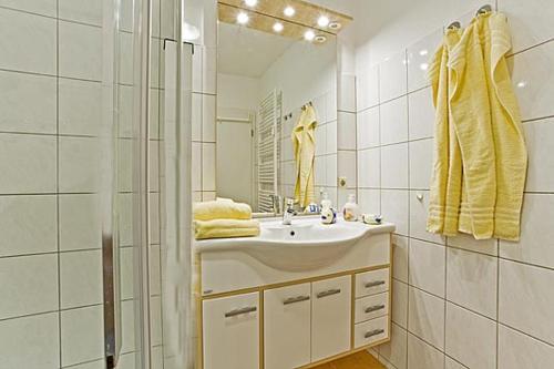 une salle de bains avec un lavabo et un miroir dans l'établissement Mühlenweg, App 01, à Wieck