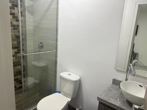 a bathroom with a shower and a toilet and a sink at La Forêt de Café Hotel in Armenia