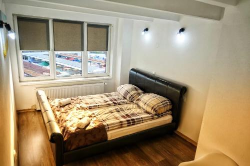 una camera da letto con un letto con due cuscini e due finestre di Marko’s apartament a Sighişoara
