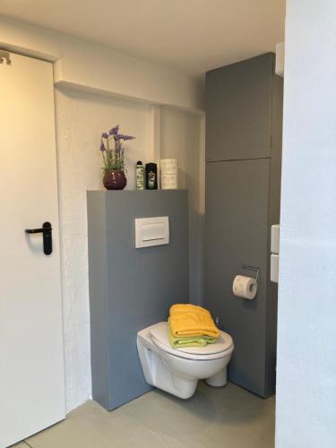a bathroom with a toilet with a yellow towel on it at Gemütlicher Schäferwagen im Grünen-Schäferwagen 44 in Frielendorf