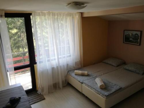 a bedroom with two beds and a large window at "Whispering pines" vacation home, close to Sofia in Gola Glava