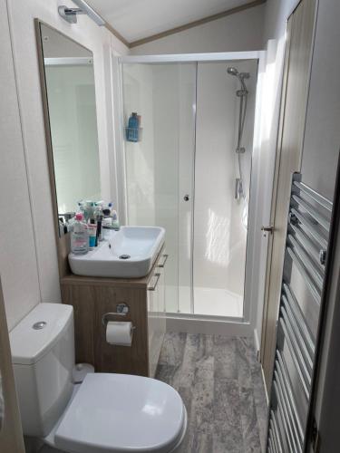 a bathroom with a toilet and a sink and a shower at Boulevard in Selsey