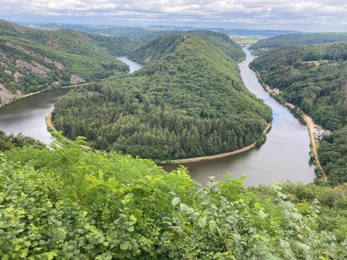 eine Luftansicht auf einen Fluss mit Bäumen in der Unterkunft Ferienwohnung Katrin in Mettlach