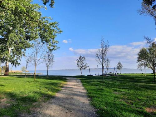 a dirt road in a field with trees and the water at Petit Paul Apartman in Keszthely
