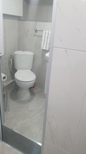 a white bathroom with a toilet and a sink at Допълнителна къща за гости Ози 2 in Ovchartsi