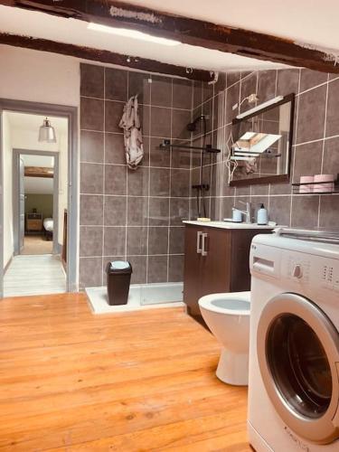 - une salle de bains pourvue d'un lave-linge dans l'établissement Le 122, maison bastide St Louis Carcassonne, à Carcassonne