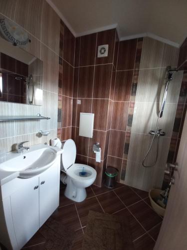 uma casa de banho com um WC, um lavatório e um chuveiro em Guest house Veneta em Sozopol