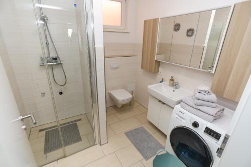 a bathroom with a shower and a washing machine at Weinquartier Bad Kösen in Naumburg