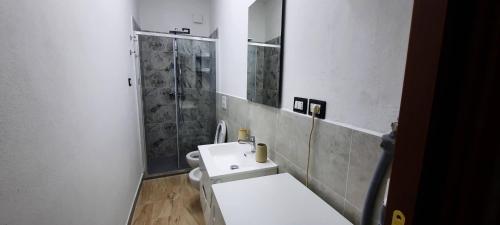 ein weißes Bad mit einem Waschbecken und einer Dusche in der Unterkunft Alba tra Monti e Mare in Lanusei