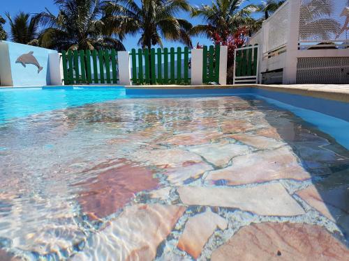 a swimming pool with rocks in the water at Zoiseaux Paradis in Ravine des Cabris