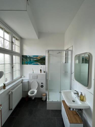 y baño con ducha, aseo y lavamanos. en Viersen Schöne Apartments am Dülkener Bahnhof en Viersen